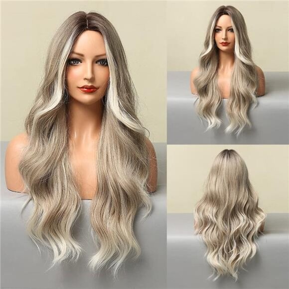 Women's Ombre Ash Blonde Wig Long Wavy Synthetic Wig, 26Inch - Picture 5 of 7
